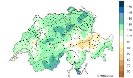 Figure 4. Répartition spatiale des sommes de précipitations en 2024, représentée en % de la norme 1991-2020.