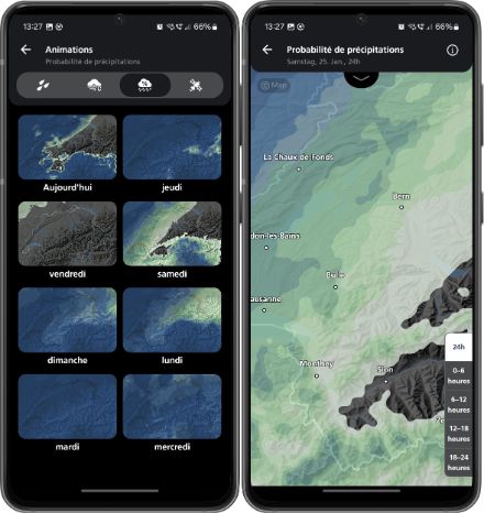 Probabilité de précipitations sur l’application de MétéoSuisse. L’aperçu de la semaine est disponible sous « Animations ». Comme sur le site internet, un aperçu plus détaillé pour chaque jour (pour toute la journée et par tranche de 6 heures) est également disponible.
