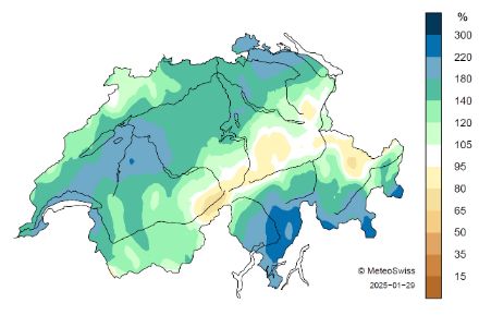 Carte des précipitations totales en janvier en Suisse.