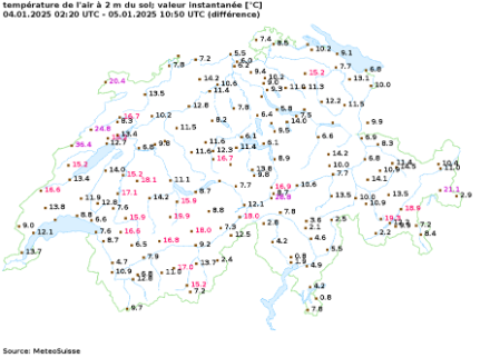 Différence de température entre samedi 4 janvier à 2h et dimanche 5 janvier à 11h ; en rouge plus de 15 degrés, en mauve plus de 20 degrés. Source : MétéoSuisse.