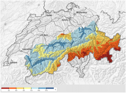 Hauteur de neige relative, en % de la norme 1991 – 2020, au 5 janvier à 6h. Source : SLF