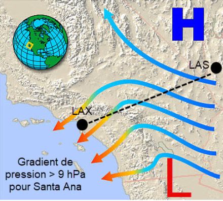 Fig 5 : schéma conceptuel représentant les conditions synoptiques et de gradient de pression favorisant la mise-en-place du vent de "Santa Ana"