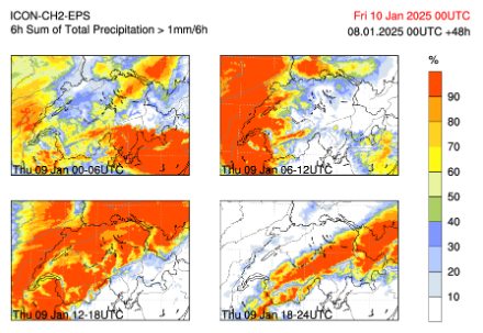 Figure 2 : probabilité de précipitations (> 1mm/6h) par tranches de 6 h pour jeudi. Source : modèle ICON-CH2-EPS de MétéoSuisse, run du 08 janvier 2025 à 00 UTC.