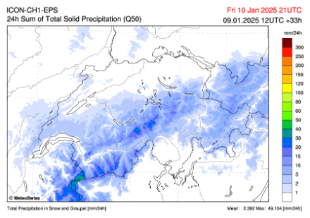 Cumuls de précipitations solides sur 12 heures par ICON-CH1-EPS de 03UTC (médiane). Par rapport au run de 03UTC, le signal de précipitations solides du run de 12UTC est plus faible.