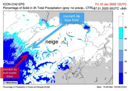 Pourcentage de précipitations solides prévu par le modèle ICON-CH2-EPS pour le vendredi 10 janvier à 12 UTC. Ici, la pluie (en bleu) a déjà envahi le bassin lémanique alors que le nord de la Suisse romande connait des chutes de neige.