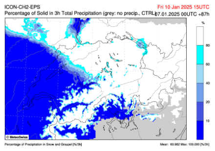Ici, vendredi 10 janvier à 15 UTC, la pluie en bleu a gagné une bonne partie de la Suisse romande. La neige fait de la résistance sur le nord du Jura et le Plateau alémanique.