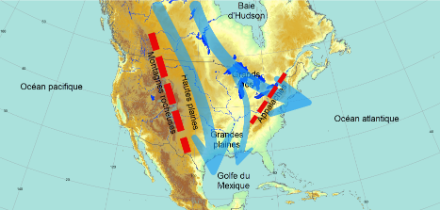A l'inverse de l'Europe, l'Amérique du Nord est dotée d'un relief orienté sur un axe nord-sud. Cette configuration en entonnoir facilite le glissement de l'air arctique vers le sud (en bleu).