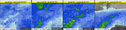 Cumuls de précipitations sur 24 heures prévus par le modèle ECMWF. La journée de jeudi semble être en première ligne.