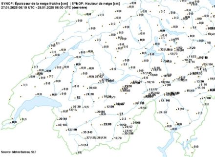 Epaisseur de neige fraîche et totale au matin du 28 janvier 2025