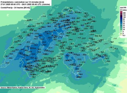 Cumuls de précipitations sur 24 heures du 27 janvier à 06:40 locales au 28 janvier à 06:40 locales.
