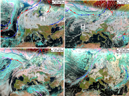 Image satellite HRV de diverses situations de haute pression en novembre, décembre 2024 et janvier, février 2025.