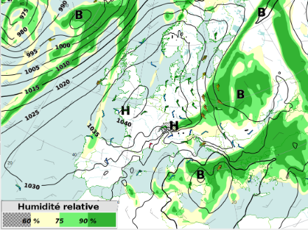 Carte au sol représentant les isobares (isolignes noires) et l'humidité à 700 hPa soit 3000 m environ (vert), dimanche à 12z par le modèle IFS.