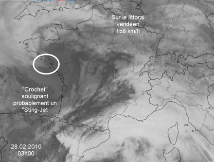 Tempête Xynthia, de violentes rafales associées à un "sting-jet"