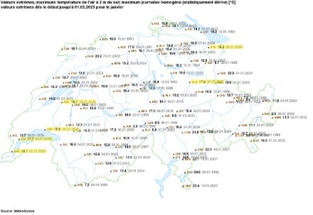 Carte de température maximale la plus élevée mesurée en janvier, début des mesures variable selon les stations.