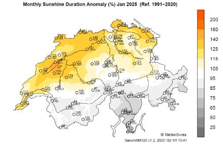 Carte de la répartition spatiale de l’ensoleillement en janvier 2025, représentée en % de la norme 1991-2020.