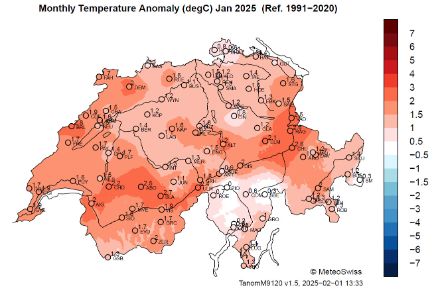 Carte de l'écart à la norme 1991-2020 de la température moyenne en janvier 2025.