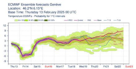 Graphique de la température (en °C) à 850 hPa (~1500 m) au niveau de Genève prévue par le modèle IFS pour la période du 13 au 22 février 2025. Les différentes courbes représentent les 51 scénarios (membres) du modèle.