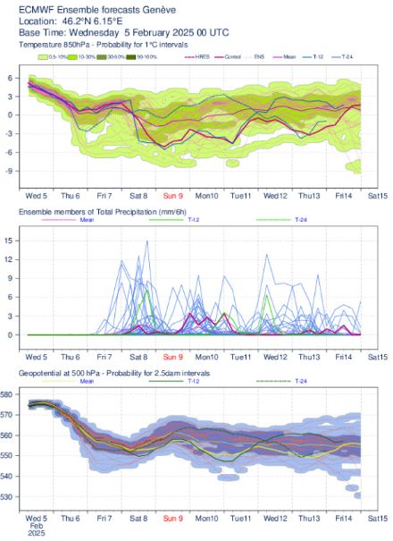 Fig 6 : Panaches issus du modèle européen (IFS-EPS) montrant la dispersion associées aux 51 membres du modèle pour les températures prévues à la 850 hPa (env. 1500 m), les cumuls de précipitations et pour les niveaux (géopotentiels) à la 500 hPa (env. 5500 m) pour la ville de Genève.