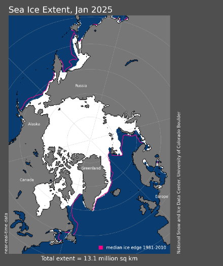 Extension moyenne de la banquise en janvier 2025 comparée à l'extension moyenne en janvier entre 1981 et 2010 (ligne rose), selon le National Snow and Ice Data Center. (Source : https://nsidc.org/sea-ice-today/analyses/sea-ice-climbs-second-lowest-january)