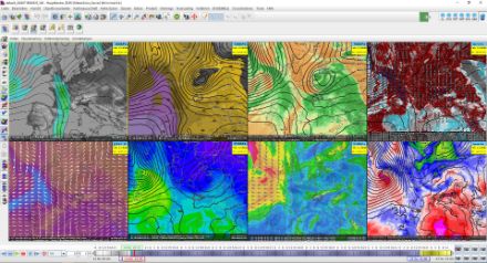 Une visualisation typique d'un modèle météorologique, en l'occurrence le modèle européen IFS_HRES_EU. Chaque fenêtre représente des paramètres différents à différentes altitudes. Par exemple, dans le coin supérieur gauche, on peut voir l'intensité du vent à l'altitude géopotentielle de 300 hPa, qui indique la position du courant jet