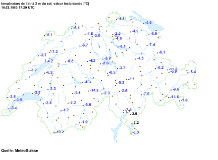 Les températures mesurées à 18h20, juste au début de cet épisode neigeux historique. Dans le courant de la nuit, à la faveur de vents du sud-ouest, la température remontera à -1.9°C à La Dôle alors qu'elle restera stationnaire en plaine. Source : MétéoSuisse