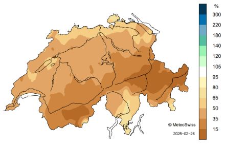 Carte de la Suisse montrant la répartition des précipitations en février.