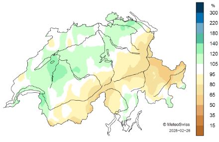 Carte de la Suisse indiquant la répartition des précipitations en hiver.