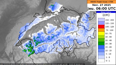 Carte des cumuls de neige fraîche prévus jusqu’à jeudi matin 27 février 2025.