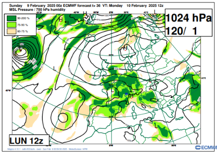 Champ de pression au niveau du sol (lignes noires) et taux d'humidité à env. 3000 m d'altitude. Prévision pour lundi 10 février à 13h