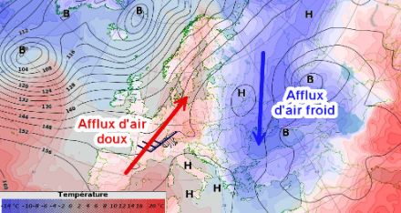 Température (couleurs) et géopotentiel (lignes noires) à 1500 m prévus par le modèle IFS samedi 22.02.2025 à 12UTC.