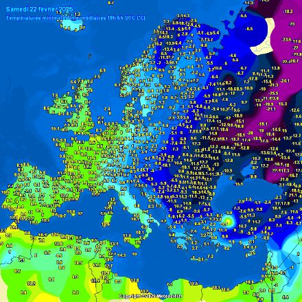 Carte des températures minimales relevées ce samedi 22 février à 06UTC (7h locales), avec des plages de couleurs pour lisser les valeurs et mieux visualiser les différences.