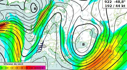 Géopotentiel (ligne noires) et force du vent (plages de couleurs) à 300 hPa soit environ 9 km d’altitude prévus par le modèle IFS samedi 22.02 à 12UTC.