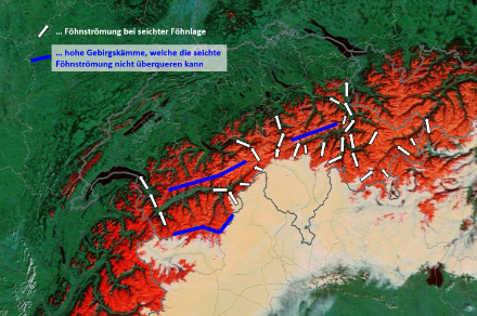 Image satellite visible annotée de flèche blanches décrivant les écoulements de foehn de basses couches dans les vallées alpines. Les hautes crêtes comme la crête principale ou la crête septentrionales (marquées en bleu marine) sont situées bien au-dessus du lac d’air froid du sud et font barrière à l’écoulement.