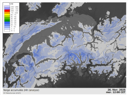 Quantités de neige fraîche sur 24 h selon l'analyse de MétéoSuisse (données de modèle et de mesures)