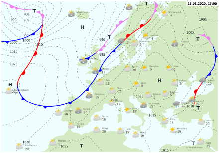 Carte des isobares et fronts prévue le 15 mars 2020 à 13h.