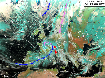 Image satellitaire et représentation du système de perturbations traversant l'Europe de l'Ouest, mardi 25.02.2025 à 12h  avec en bleu le front froid, en rouge le front chaud et en violet, la perturbation occluse.