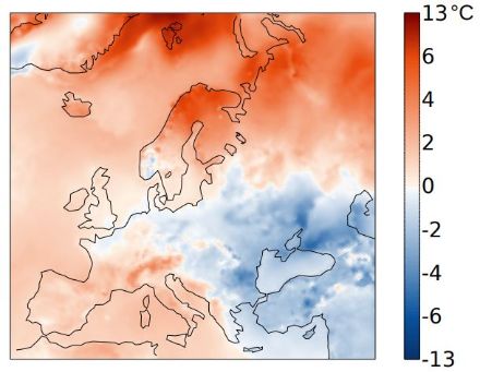 Figure 3. Distribution en Europe de la température en février 2025. L’écart (en °C) à la norme 1991-2020 est représenté. Source : Copernicus Climate Change Service/ECMWF