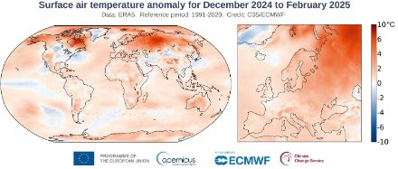 Figure 5. Distribution mondiale de la température pendant l’hiver boréal 2024/2025. L’écart (en °C) à la norme 1991-2020 est représenté. Source : Copernicus Climate Change Service/ECMWF