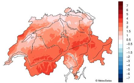 Figure 6. Répartition en Suisse de la température en février 2025. L’écart (en °C) à la norme 1991-2020 est représenté. Source : MétéoSuisse