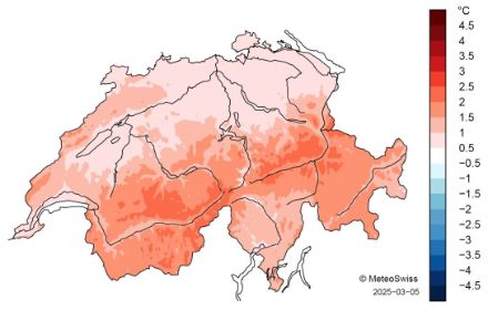 Figure 7. Répartition en Suisse de la température durant l’hiver météorologique 2024/2025. L’écart (en °C) à la norme 1991-2020 est représenté. Source : MétéoSuisse