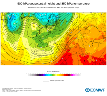 Figure 1 : température à 850 hPa (vers 1500 m d’altitude) en couleurs et altitude du géopotentiel à 500 hPa. Source : model IFS, run du 16 mars 2025 à 00 UTC.