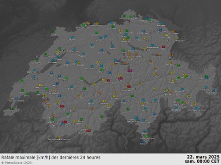 Fig 4 : rafales maximales de vent enregistrées le vendredi 21 mars 2025, dont les rafales de foehn dans les vallées alpines du nord des Alpes.