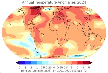 Carte mondiale des anomalies de températures pour l'année 2024.