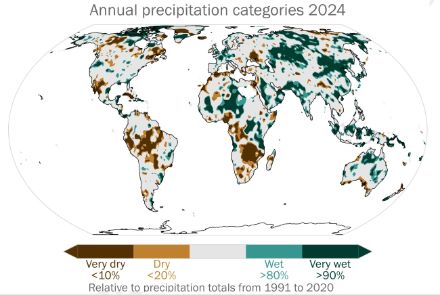 Carte mondiale des anomalies de précipitations pour l'année 2024.