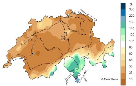 Carte de la Suisse montrant la répartition des précipitations en mars.