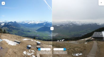 Vue depuis la caméra du Wildspitz avec une comparaison entre jeudi 20 (à gauche) et vendredi 21 (à droite) à 12h. (Image : Roundshot)
