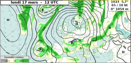 Carte au sol en prévision pour la journée du lundi 17 mars. Le puissant anticyclone centré sur le Danemark déterminera le temps chez nous. 