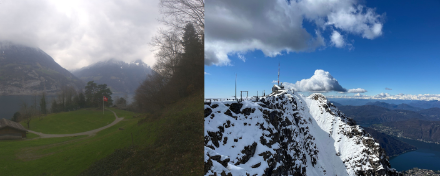 Nuageux au Nord comme au Ruetli (à gauche), soleil et cumulus au Sud au-dessus du lac de Lugano (à droite) ce 17 mars 2025. Demain, ce sera l’inverse.