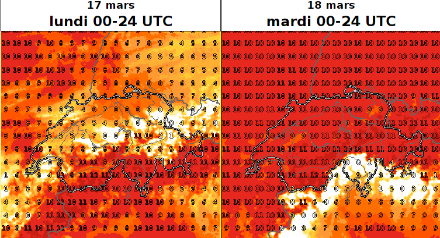 Durée d’ensoleillement journalière en heures prévue par le modèle ICON-CH2 pour lundi 17 mars (à gauche) et mardi 18 mars (à droite).