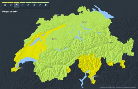 Carte de danger de vent. L'alerte de niveau 2 pour la bise sur le Plateau est valable pour le mardi 1er avril de 3 h à 21 h. 